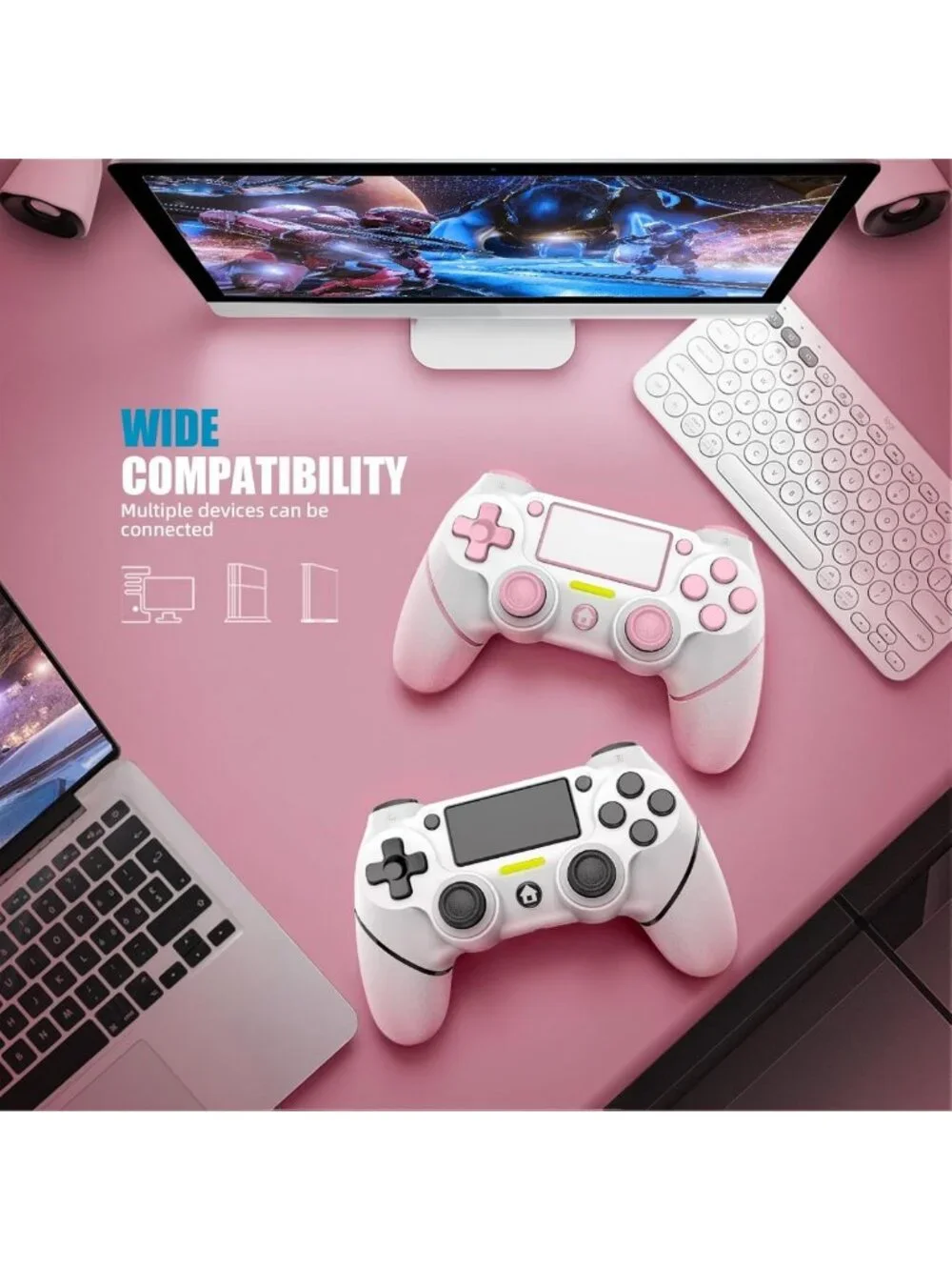 Wireless PS4 Controller 2-Pack, Non-Slip Grip, 3.5mm Audio Jack, USB-C, Pink